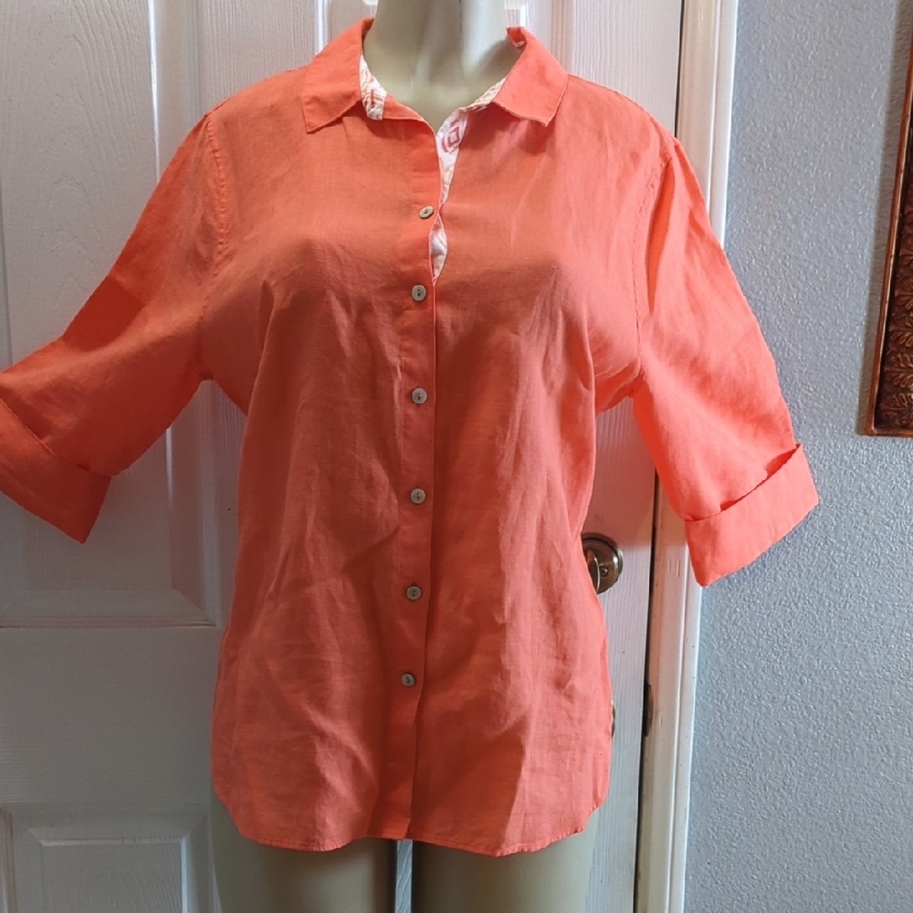 Chico's Pink and Orange Oversized Button Down Shirt with Notched Collar